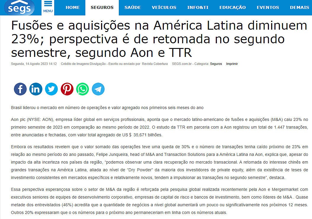 Fuses e aquisies na Amrica Latina diminuem 23%; perspectiva  de retomada no segundo semestre, segundo Aon e TTR